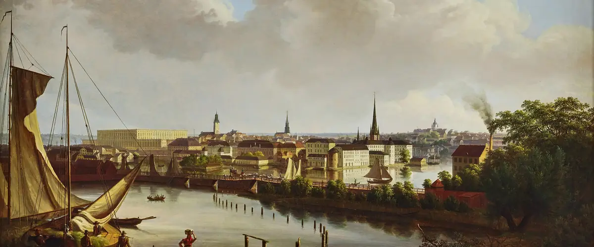 Painting of Stockholm seen from Kungsholmen in 1827, with the Royal Palace, Riddarholmen and sailing boats on the water